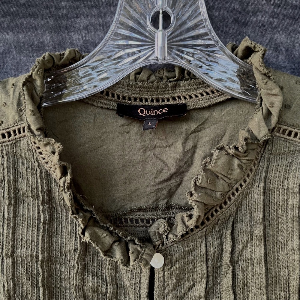 QUINCE $158 Olive Green Organic Cotton Swiss Dot Lace Pintuck Blouse Womens L - Picture 3 of 10